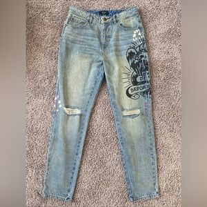 Ed Hardy Death Before Dishonor Logo Blue Distressed Jeans Y2K Size 30 X 29 NWOT
